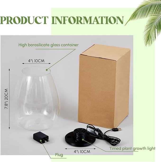 Maxdot Glass Plant Terrarium Kit with LED Grow Light, Desk Terrarium for Venus Fly Trap, Succulents, Moss & Miniature Garden, Borosilicate Glass Desktop Planter for Home Office(6.9 x 7.8 Inch)