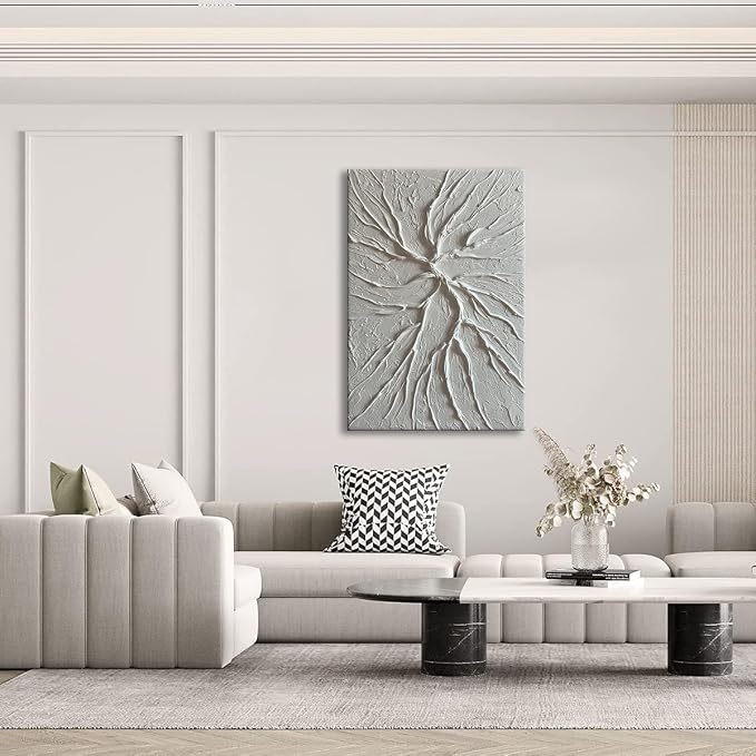 zoinart White Textured Wall Art Pure White Abstract Modern Concrete Canvas Paintings Hand Painted 3D Contemporary Art, Minimalist Wall Art 24x36 inch