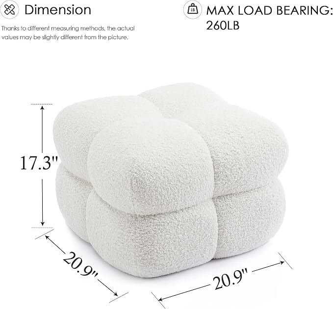 Zesthouse Square Pouf Ottomans Set of 2, Modern Backless Vanity Stool for Bedroom, White Fuzzy Foot Rest for Couch, Upholstered Tufted Footstool, Sherpa Fabric Ottoman Coffee Table for Living Room