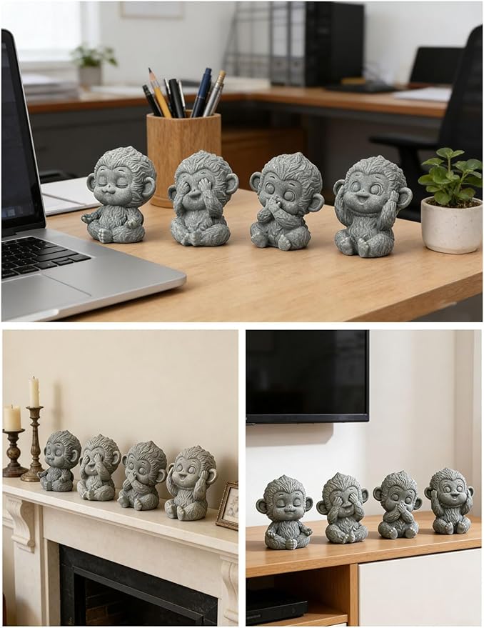 4 Piece Cute Monkey Figurine Set, Sandstone See no Evil,Hear no Evil,Speak no Evil,Do no Evil Statues, Zen Desk/Garden Decor, Mindfulness Animal Accents for Home Office