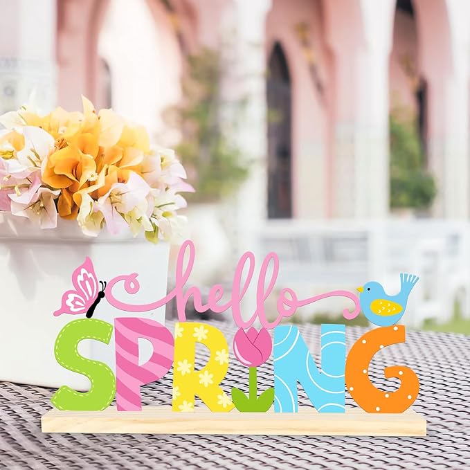 Metal Hello Spring Table Sign, Hello Spring Tabletop Decoration with Wood Base, Springs Table Centerpiece Decor for Home, Office, Shelf, Indoor, Mantel Party Supplies