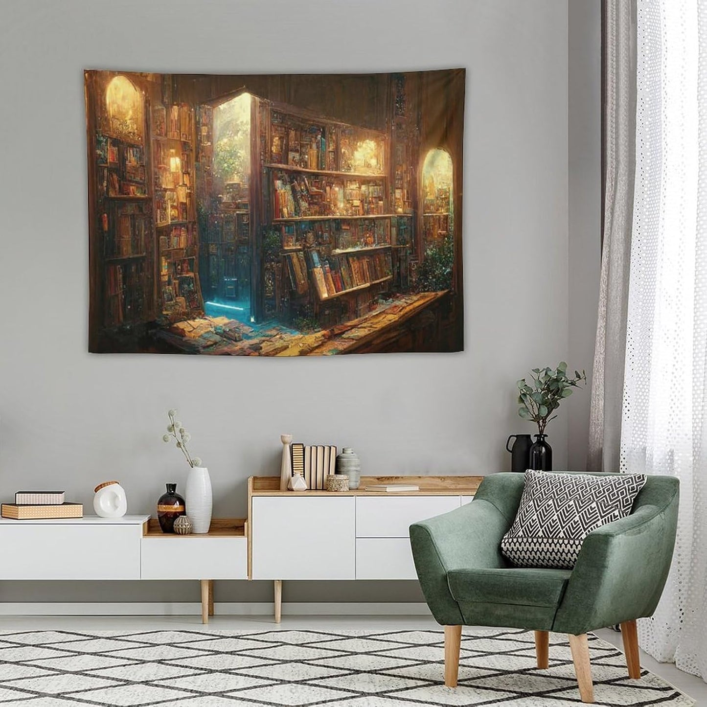 Kurtect Bookshelf Tapestry,Vintage Style Library Watercolor Art Theme Pattern Print Tapestries for Party Beach Picnic Blankets Tablecloths Living Room Wall Deocr, 30x40 in