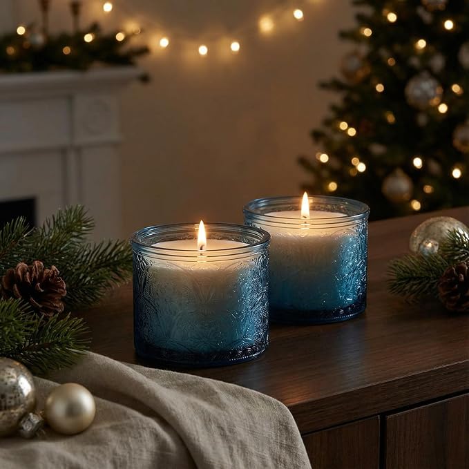 10 oz Blue Mandala Glass Candle Jars with Bamboo Lids, 9 Pack | Patented Embossed Design, Includes Wick Centering Devices & Warning Labels, Multiple Color Options