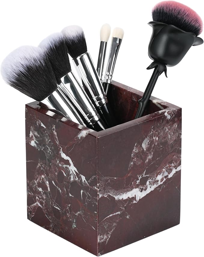 Marble Makeup Brush Holder - Viola Red Candle Toothbrush Cup For Bathroom Accessories, Decorative Pencil Organizer For Office Desk Aesthetic, Stone Utensil Container For Kitchen Countertop