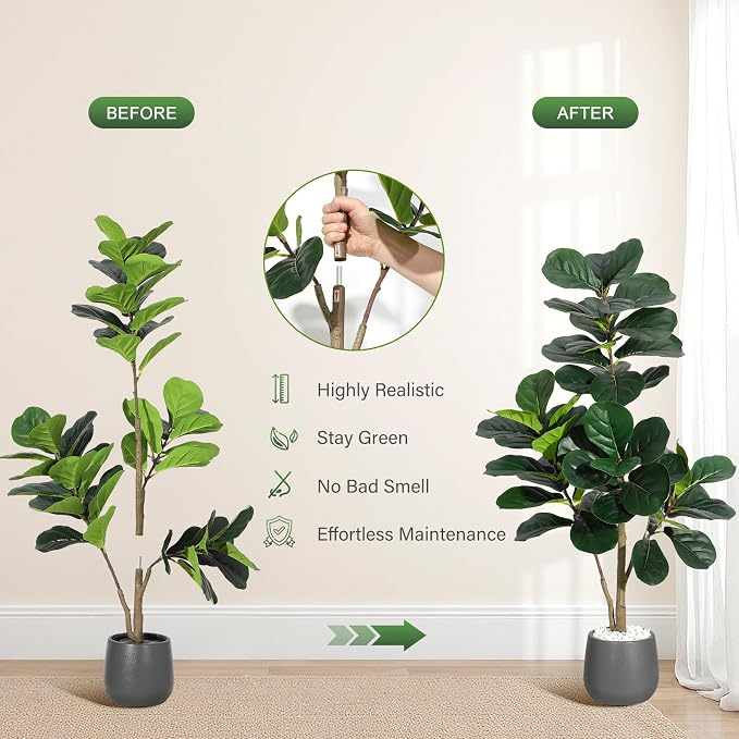 4 ft Fiddle Leaf Fig Tree Artificial with 48 Leaves - Realistic Faux Ficus Lyrata Trees in 7.8 in Grey Planter Pot, Indoor Fake Floor Plants for Home Office Living Room Decor, Housewarming Gift