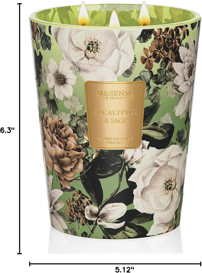 M&SENSE Eucalyptus Sage Soy Candle, 35oz 3-Wick, Stress Relief Gift | 150H Long Burn, Non-Toxic, Large Jar, CaLm Relax Home Fragrance, Meditation, Productive Room Scent