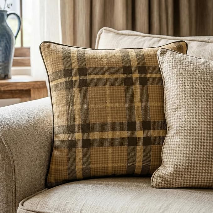 bilin gaier Designer Vintage Linen Throw Pillow Cover,18"x18"-Seville BN | Elegant Square Pillow Cover,Concealed Zipper Design,Plaid Print Pattern,Sofa,Bedroom,Living Room,Lounge Chair