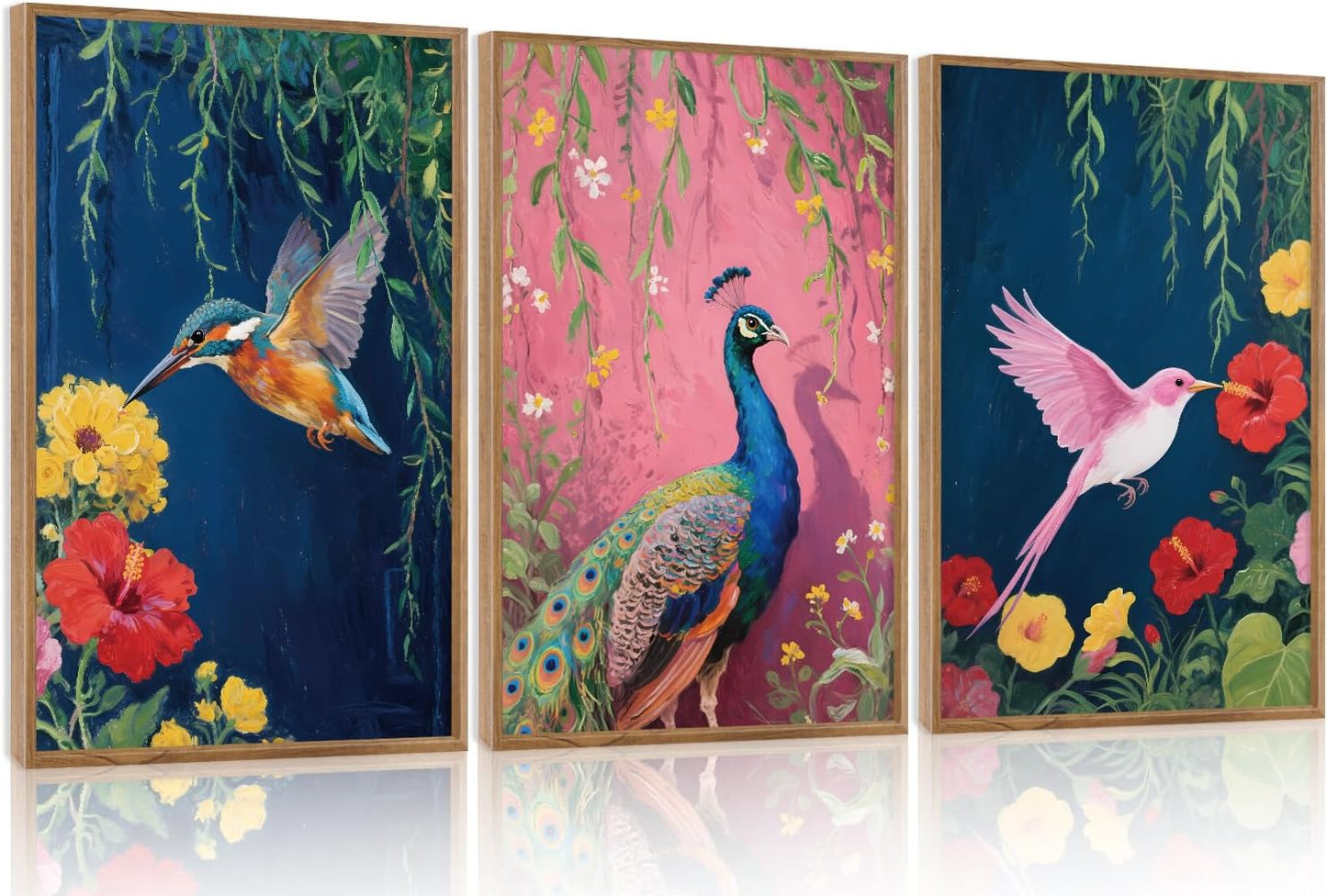 Aurlan Colorful Birds Flowers Framed Wall Art(16"x24"), 3PCS Large Classic Elegance Hummingbird Peacock Canvas Artwork, Vintage Abstract Watercolor Peony Floral Willow Decor for Home Office Bedroom