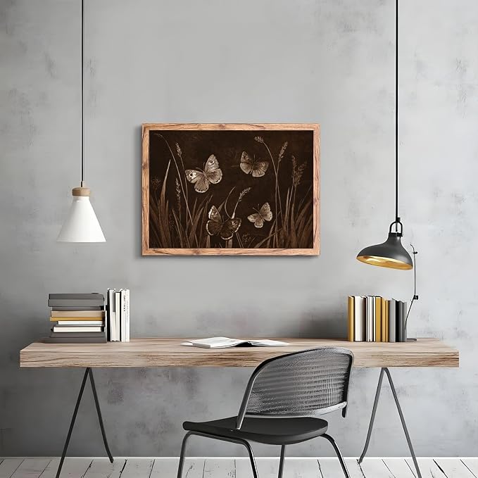 KBBYT Large Framed Wall Art Dark Academic Decor Vintage Butterfly and Grass Poster Canvas Print Rustic Farmhouse Painting Picture Wall Decor for Living Room Bedroom Home Kitchen 24x36inch Wood Framed