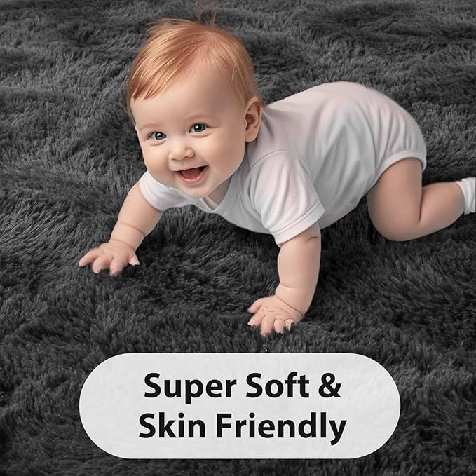 FinRèc 8x10 Feet Rugs for Living Room Bedroom, Soft Dark Grey Fluffy Area Rug, Non-Slip Solid Shag Rug for Nursery Kids Room Dorm Room Home Decor, Indoor Floor Carpet