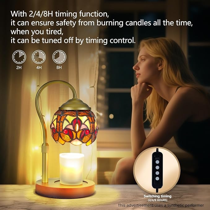 Candle Warmer Lamp - Vintage Tiffany Style Wood Base Timer | Rsbrillialite Vintage Candle Warmer Lamp - Tiffany Style Baroque Stained Glass Decor with Timer, Wood Base & 2 GU10 Bulbs