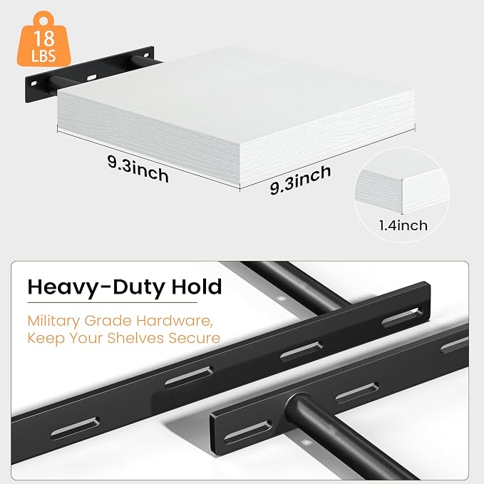 Fun Memories Floating Shelves for Wall, 9.3 Inch Set of 4 Rustic Wood Wall Shelves with Invisible Brackets, Heavy Duty Storage Display for Bathroom Bedroom Living Room Kitchen, White