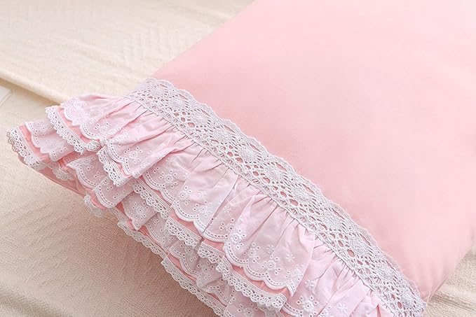 2-Pack Pink Pillow Shams Cases Covers with Ruffles and Lace Cotton King Size 20"X36"Soft Boudoir Luxurious