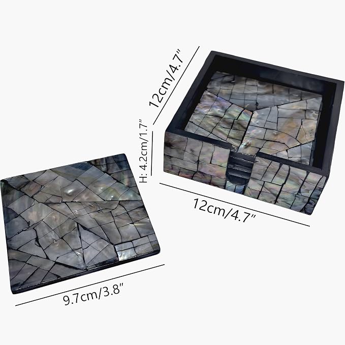 i-lan Mother of Pearl Coasters Set of 6 with Holder - 4.7" Square Drink Coasters for Kitchen, Dining Room, Coffee Table - Black Mosaik Pattern, Shell Inlay Cup Mats