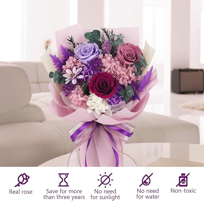 Flowers for Delivery Prime Preserved Flower Bouquet That Last 3-5 Years Real Forever Rose Bouquet for Her Women Wife Grandma Girlfriend Anniversary Birthday Mothers Day Gifts for Mom(Purple)