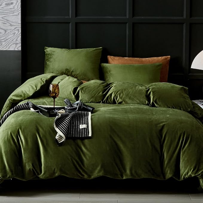 WARMDERN Olive Green Flannel Velvet Duvet Cover Queen Size Duvet Cover Bedding Sets, 3pcs Ultra Soft Luxury Textured Modern Crystal Velvet Duvet Covers with Zipper Closure(Olive Green, Full)