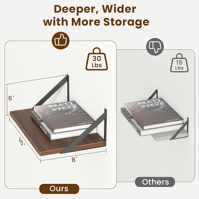 8" Deep Floating Shelves for Wall,16 inch Wood Wall Shelves Set of 2,Wide Floating Bookshelf with Sturdy Metal Brackets,Hanging Storage Floating Shelf for Living Room,Bedroom,Bathroom,Office,Walnut