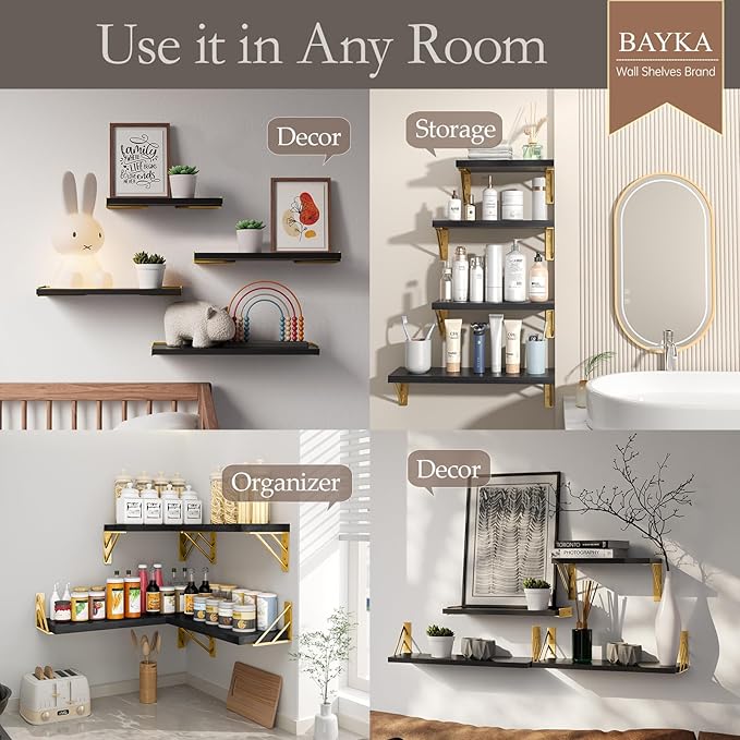 BAYKA Floating Shelves for Bedroom Decor, Wall Shelves for Storage, Wall Mounted Rustic Wood Floating Shelf for Books,Corner Shelf for Bathroom,Kitchen,Living Room(Black and Gold，Set of 4)
