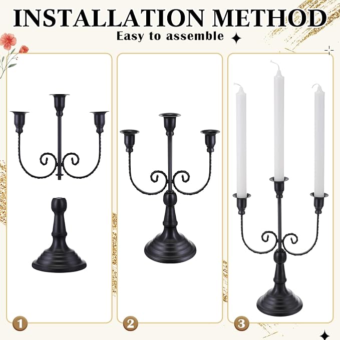 Dandat 3 Pcs 3 Arm Metal Candelabra Candlestick Holders Tall Candlestick Holders Gothic Candle Holder for Home Wedding Church Christmas Party(Retro,11.8 Inch,Black)