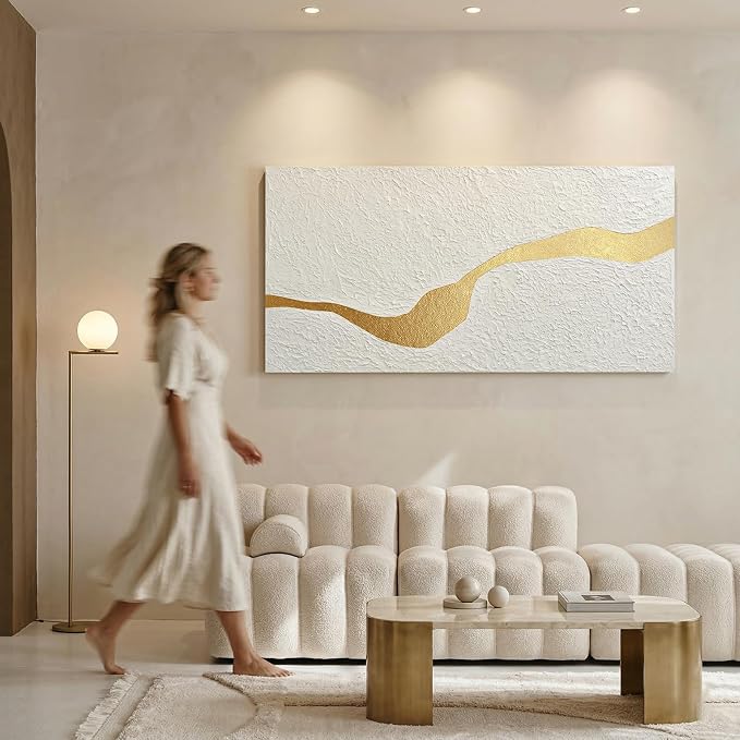 Large Horizontal Abstract White & Gold Textured Wall Art for Living Room | Modern Hand-Painted Oil Painting Artwork for Bedroom Office Dining Room, Original Contemporary Minimalist Wall Decor, Gifts