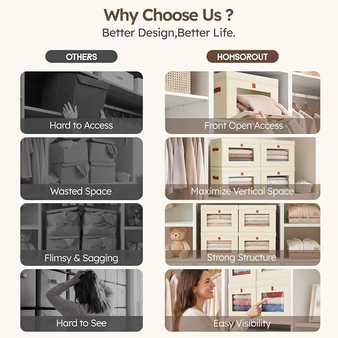 Homsorout Storage Bins with Lids - Front Opening Storage Box with Clear Window & Handles, Stackable Foldable Fabric Bins for Closet Organization, Clothes, Sweaters, Towels, Blankets, 3 Pack, Beige