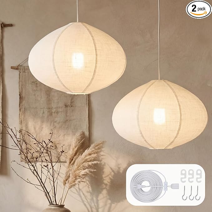 Nuanchu 2 Pack Linen Lantern Lamp Plug in Pendant Light 20 Inch Hanging Lamp Shade with 20 ft Cord Minimalist Light Covers Japanese Chandelier for Ceiling Dining Living Room Artistic Decor(Oval)