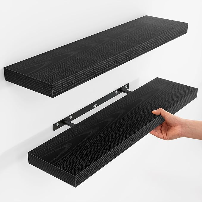 Fun Memories Floating Shelves for Wall, Rustic Wood Wall Mounted Shelves for Bathroom, Bedroom, Living Room & Kitchen, Storage Display Shelves, (Set of 2, Black, 30 in)