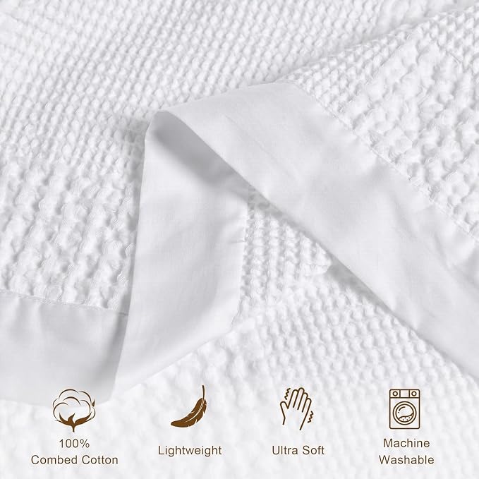 meadow park Cotton Waffle Blanket with Cotton Sateen Binding - King Size - Lightweight and Breathable - Washed Waffle Throw - White Color.