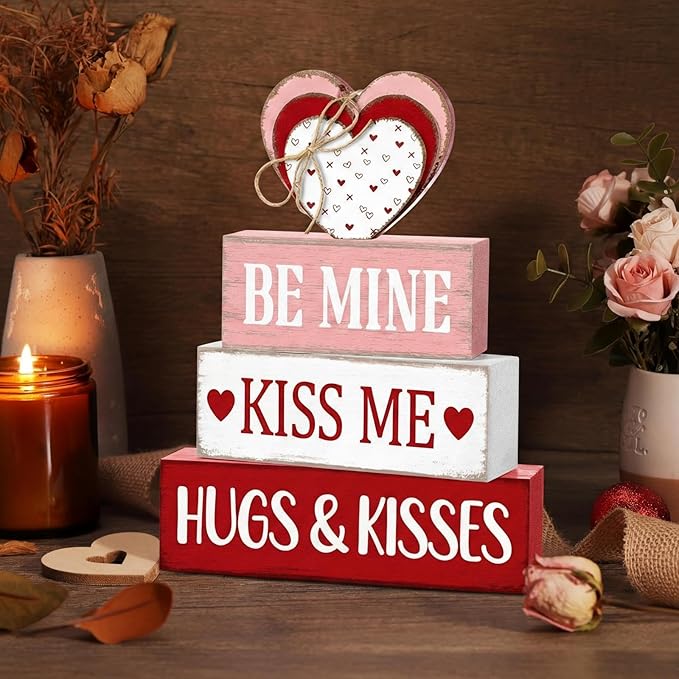 Marsui 4 Pcs Valentine's Day Decorations for Home Heart Table Decor Rustic Distressed Wooden Signs Valentines Centerpieces Blocks Farmhouse Valentines Tiered Tray Decor for Desk Shelf Mantel Indoor