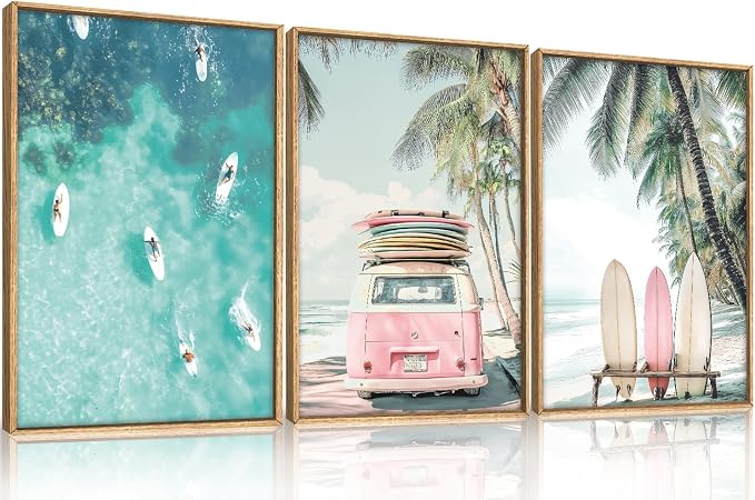 HOURIA Summer Surfboard Beach Framed Canvas Wall Art Set,Modern Ocean Surfing Seascape Wall Decor,Coastal Bus Coconut Tree Wall Painting,Nature Botanical Art Prints for Living Room, Bedroom-24 x36 x3