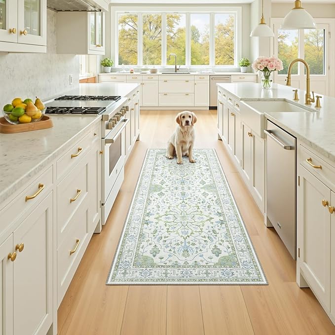 RELEANY Area Rugs 2'x5' Runner Rug Non Slip Washable for Kitchen Hallway Bedroom Beside Laundry Room Bathroom Rug, Floor Carpet, Green White Blue