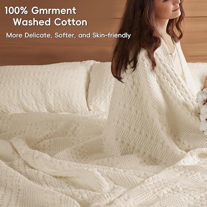 PHF 100% Cotton Waffle Blanket King Size for Bed, Lightweight Breathable and Soft for Summer, Luxury Aesthetic Waffle Weave Blanket for Home Decor & Gifts for Women, 108"x90", Natural