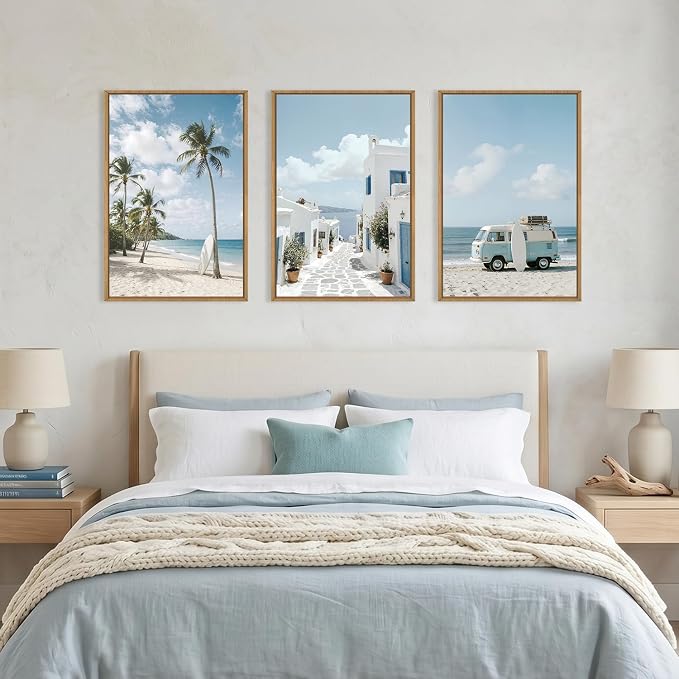 Large Summer Coastal Framed Canvas Wall Art Set,Modern Beach Surfboard Wall Decor,Seaside Palm Tree Art Prints,Vintage Blue Van Artwork for Living Room,Bedroom,Office -16"x24"x3
