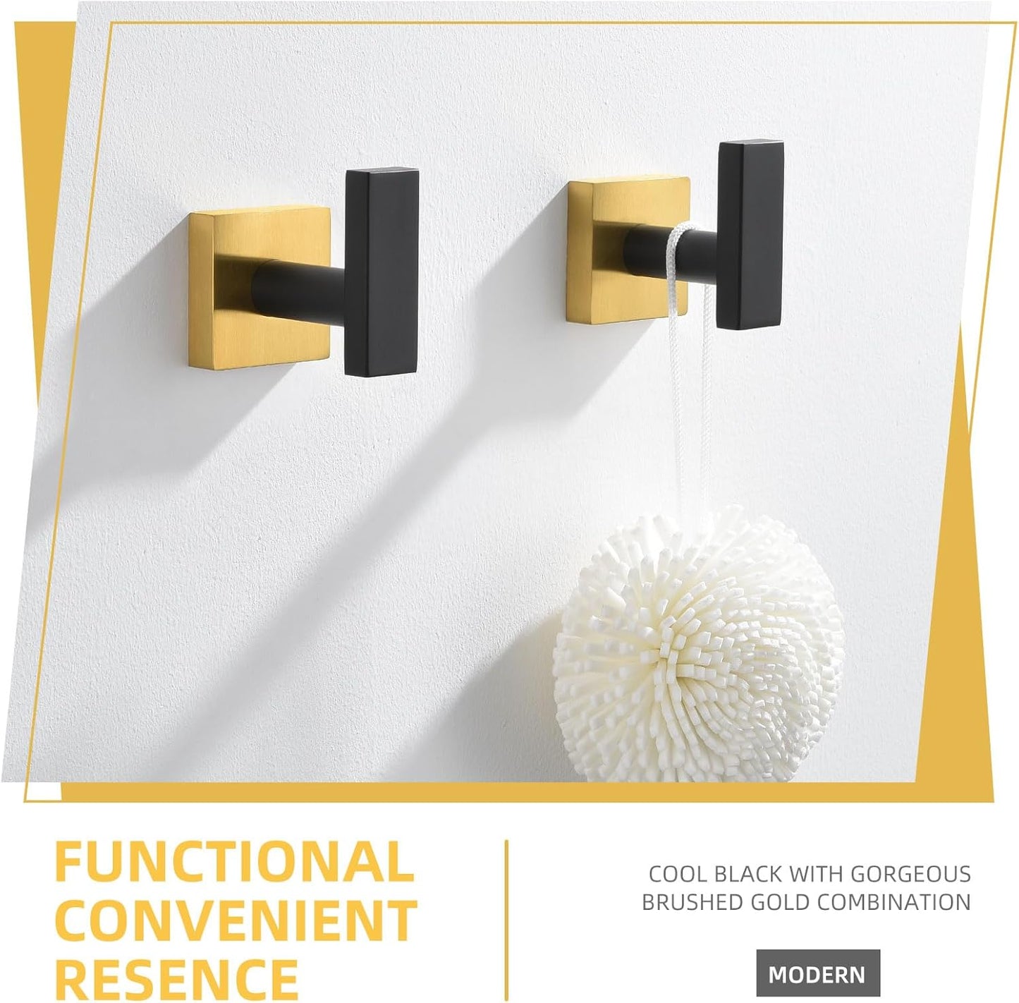Angle Simple Bathroom Towel Hook 2 Pack, SUS 304 Stainless Steel Bath Robe Coat Holder Wall Mounted, Black & Gold