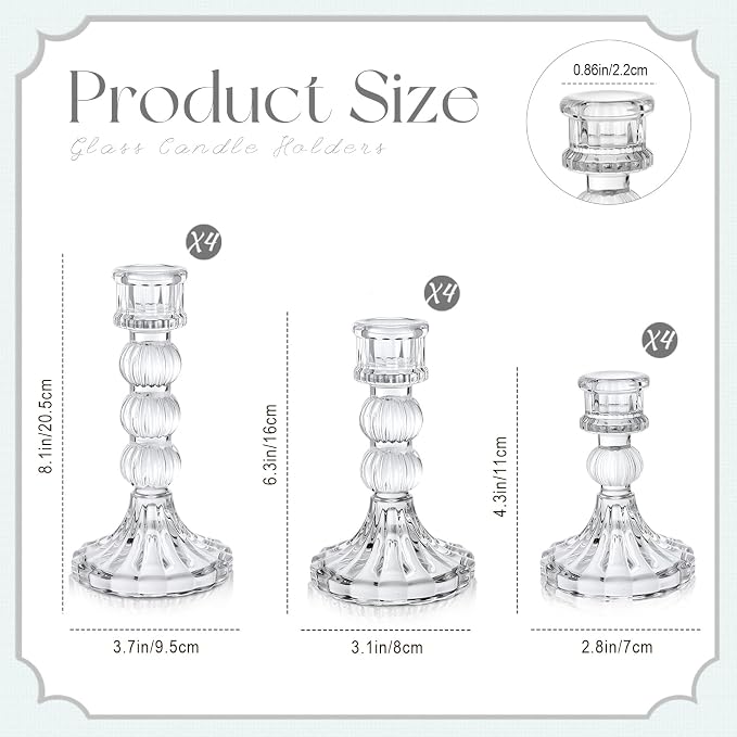 Mumufy 12 Pack Glass Taper Candle Holders Clear Candlestick Holder Fit 0.8 Inch Candles 4'' 6'' 8'' Tall Crystal Decorative Candlestick Stand Centerpiece for Table Wedding Dining Party (Vertical)