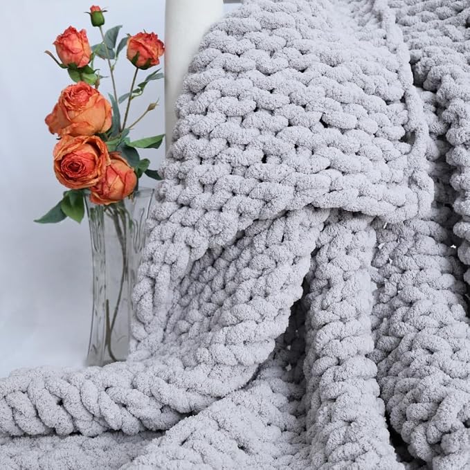 Handmade Chunky Knit Blanket, Cosy Chenille Throw (Grey, Throw (50" x 60"))