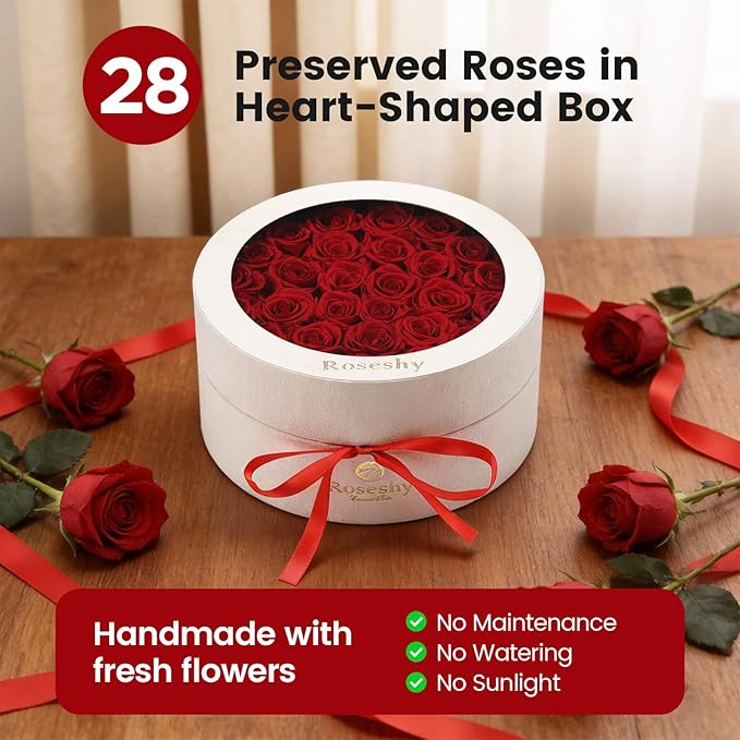 Valentines Day Flowers Roses Gifts for Her,28pcs Red Forever Preserved Roses in Round Gift Box,Valentines Day Delivery Prime Gifts-Roses Gifts for Women,Mom.