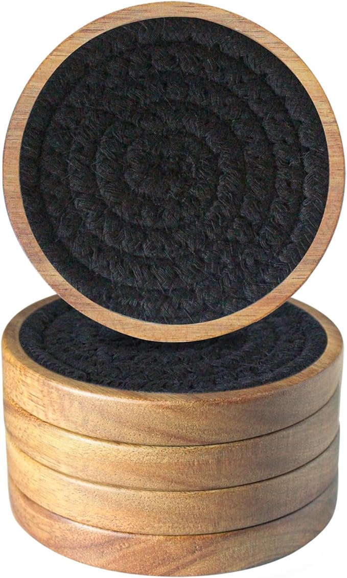 Eykao Drink Coasters Set of 5, Coasters for Drinks Absorbent, Wood Coasters for Coffee Table, Housewarming Gift for Farmhouse Home Decor,4 inches (Black)