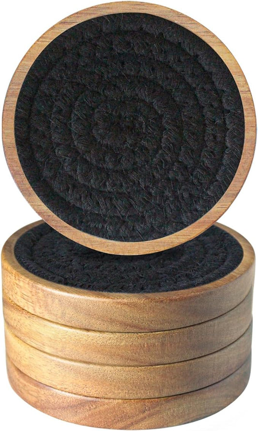 Eykao Drink Coasters Set of 5, Coasters for Drinks Absorbent, Wood Coasters for Coffee Table, Housewarming Gift for Farmhouse Home Decor,4 inches (Black)