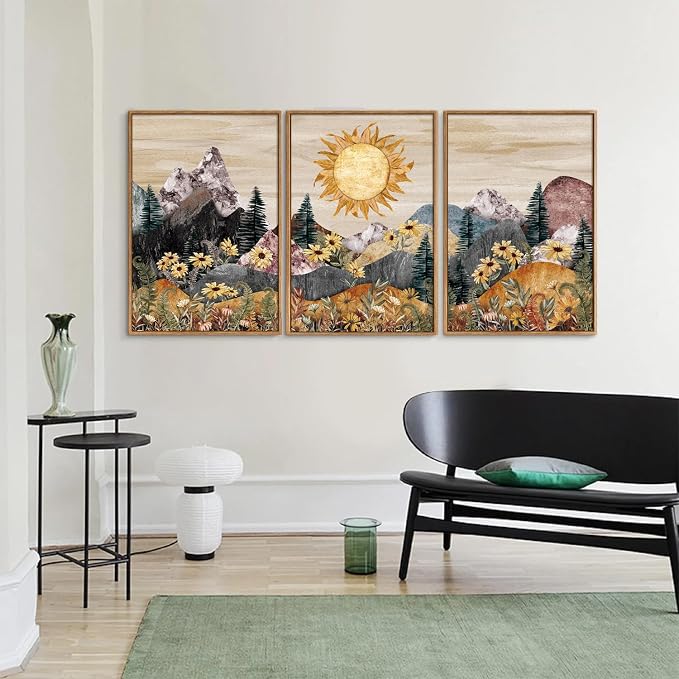 Rantodecor Boho Mountain Framed Canvas Wall Art, Western Daisy Floral Landscape Wall Decor, Rustic Fern Flowers Art Painting, Modern Fantasy Nature Sun Artwork for Bedroom Living Room Office 24"x36"x3