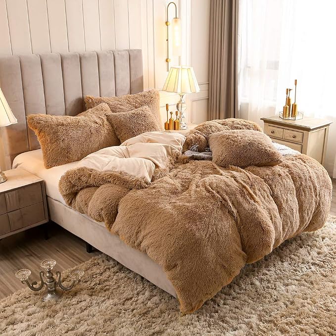 Faux Fur Velvet Fluffy Bedding Duvet Cover Set Down Comforter Quilt Cover with Pillow Shams, Ultra Soft Warm (Queen, Camel)