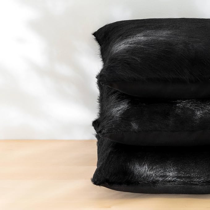 ecowhides 100% Genuine Brazilian Cowhide Pillow Cover – Solid Black – Single-Sided – Luxury Leather Decorative Cushion for Rustic & Western Home Décor – 20” x 20”