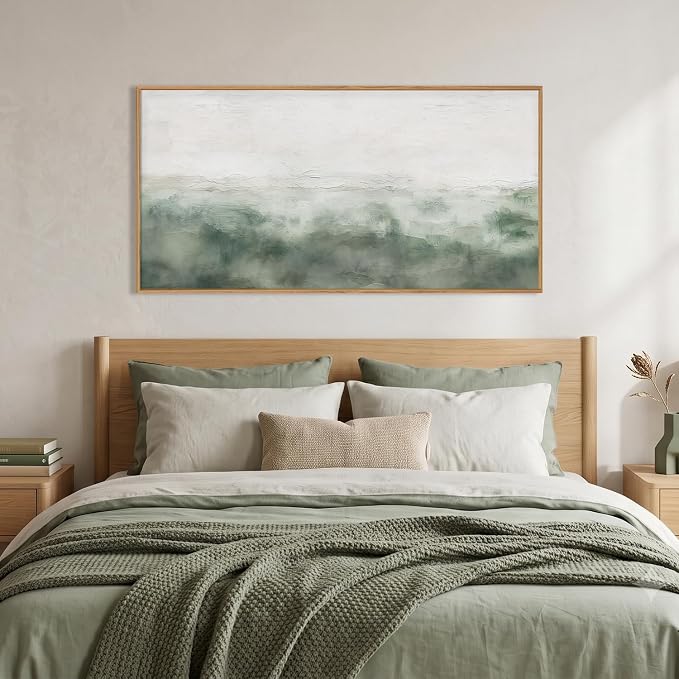 Large Abstract Grey Green Framed Canvas Wall Art,Watercolor Neutral White Wall Decor,Modern Pastel Wall Painting,Illustrations Artwork for Living Room,Bedroom,Dining Room,Office- 20"x40"x1