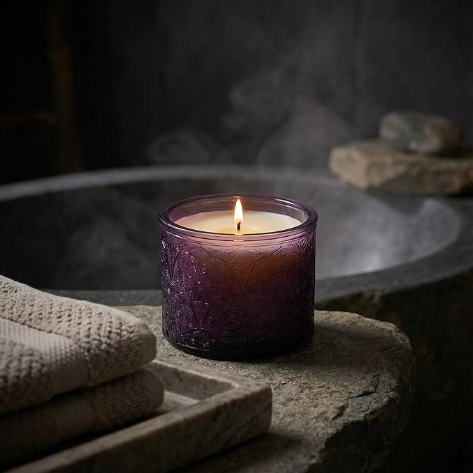 10 oz Purple Mandala Glass Candle Jars with Bamboo Lids, 9 Pack | Patented Embossed Design, Includes Wick Centering Devices & Warning Labels, Multiple Color Options