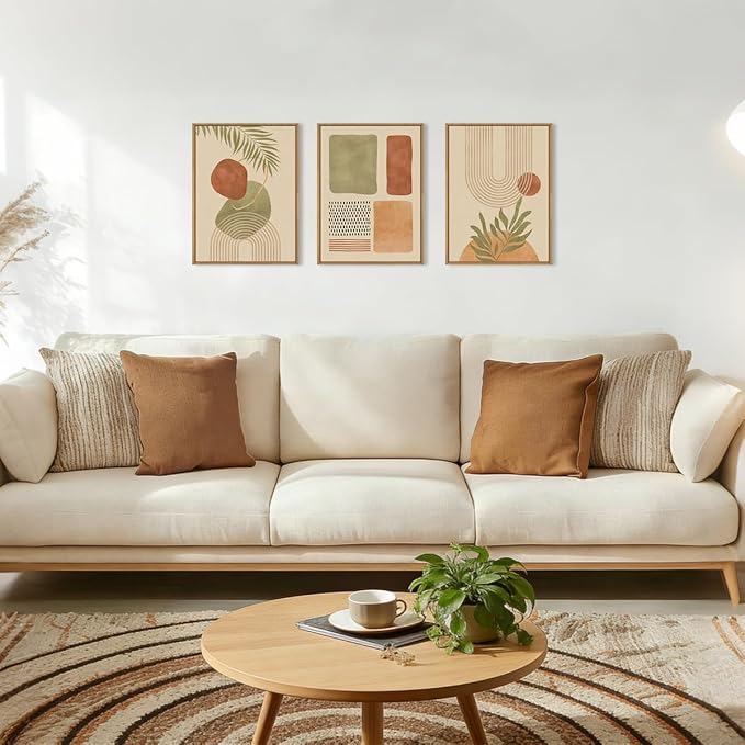 Boho Sage Green Framed Canvas Wall Art,Abstract Geometric Beige Wall Decor,Mid Century Modern Art Prints,Neutral Botanical Leaf Artwork for Living Room,Bedroom,Office -12"x16"x3