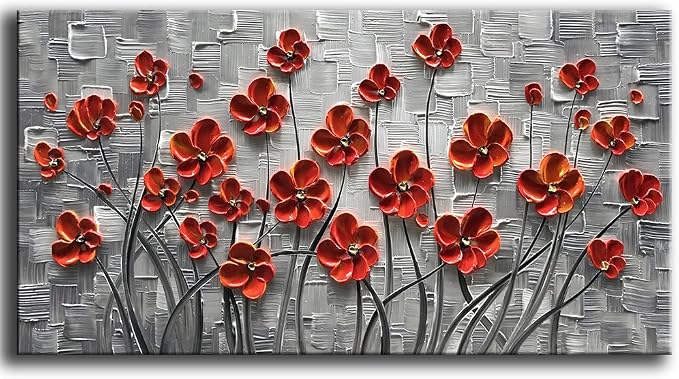 YaSheng Art - 48x24inch Canvas Wall Art, Hand Painted Oil Painting Wall Art ,Abstract 3D Texture Wall Art Pictures, Red Floral Paintings, Modern Home Bedroom Wall Art Decor, Wall Art for living room, Large Framed oil painting.