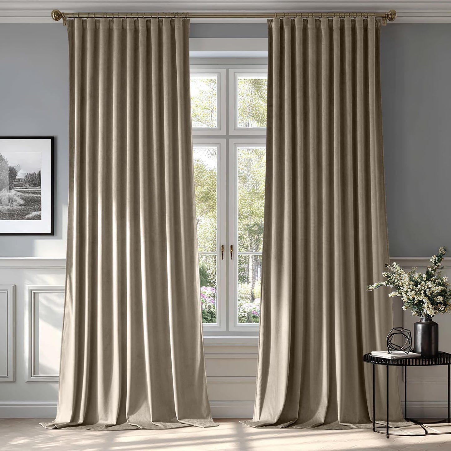 MIULEE Taupe Velvet Curtains 84 inches 2 Panels - Luxury Room Darkening Window Drapes for Bedroom Living Room Thermal Insulated Super Soft Blackout, Back Tab Rod Pocket Pinch Pleated, W52 x L84