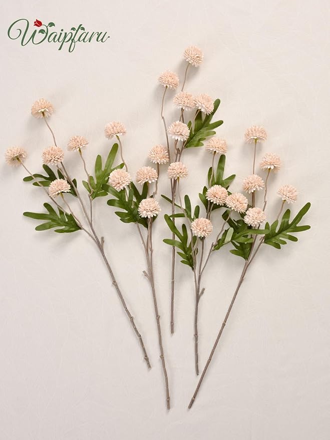 Waipfaru 10pcs Fake Silk Pompon Mum Artificial Flowers, Bulk Faux Mini Chrysanthemums, for Centerpieces Wedding Fillers Champagne Arrangements Boho Decor, No vase, Beige