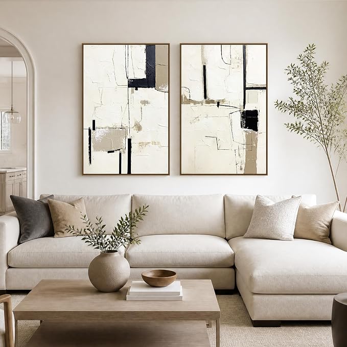 SAFERRYHOME Neutral Abstract Hand Painted Wall Art Textured, 24"x36"x2 | Large Black and Brown Framed Wall Decor, Modern Minimalist Painting Geometric Texture Artwork for Home Office Living Room