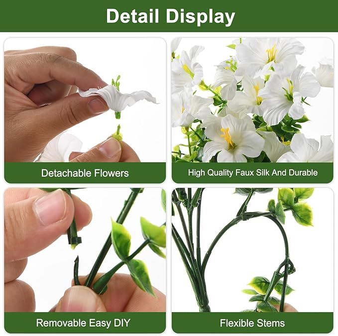 INQCMY Artificial Fake Petunias Flowers for Outdoors Spring Summer Decoration, 12 Bundles Faux Flower Plants UV Resistant White Realistic Silk Flower for Outside Planters Patio Porch Yard Window Box